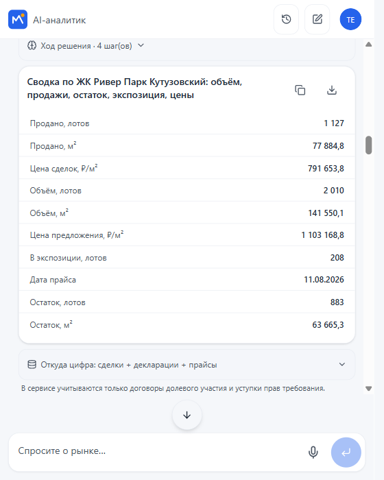 Фрагмент ответа сервиса: показатели проекта списком «показатель: значение» с плашкой источника